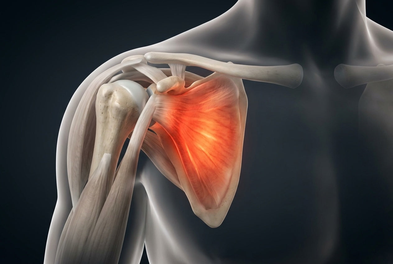 Anatomical render of the subscapularis muscle beneath the shoulder blade